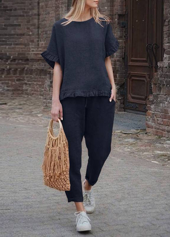 Casual Black Solid Ruffled And Patchwork Crop Top Pants Two FashionChic