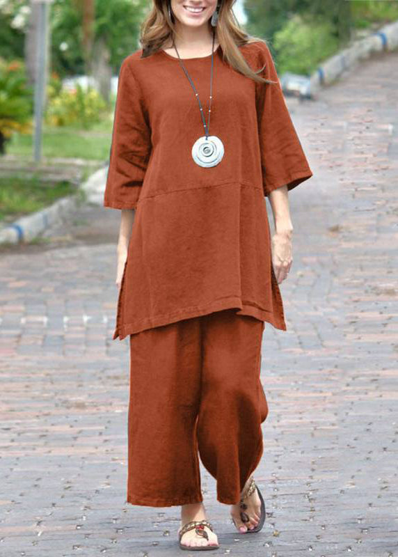 Top Open Two Crop Pants Casual Pieces O-Neck Set Side Caramel And FashionChic