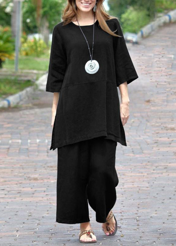 Top Open Two Crop Pants Casual Pieces O-Neck Set Side Caramel And FashionChic