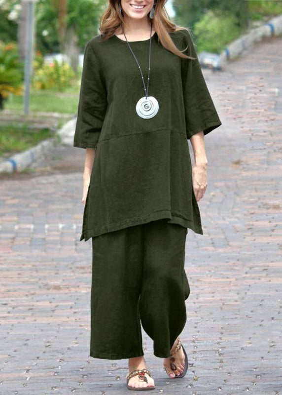 Top Open Two Crop Pants Casual Pieces O-Neck Set Side Caramel And FashionChic