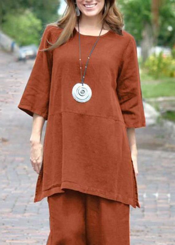 Top Open Two Crop Pants Casual Pieces O-Neck Set Side Caramel And FashionChic