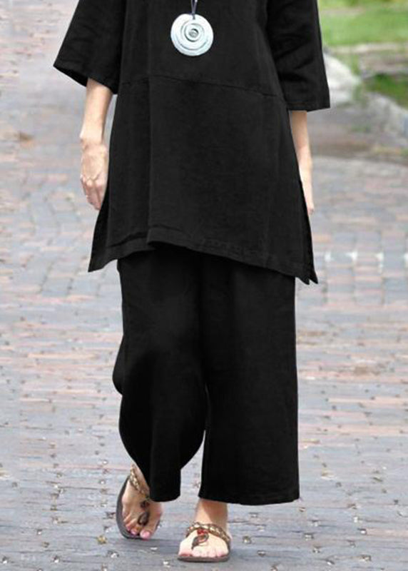 Top Open Two Crop Pants Casual Pieces O-Neck Set Side Caramel And FashionChic