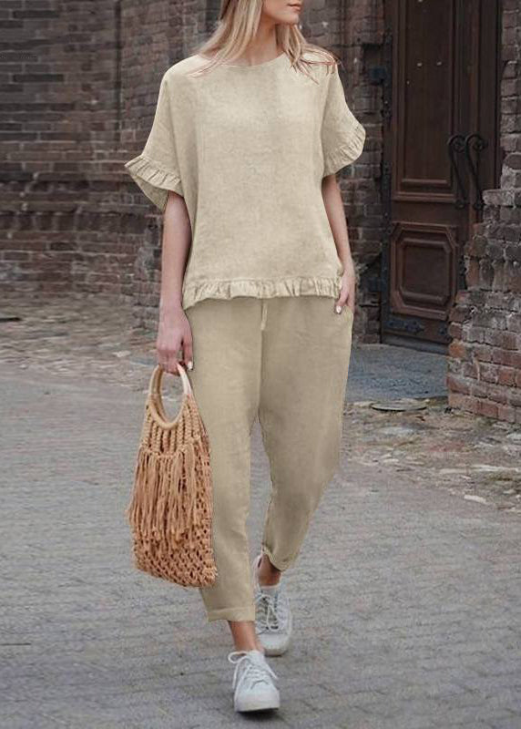 Pants Two Patchwork Set And Pieces Casual Crop Top Ruffled Khaki FashionChic