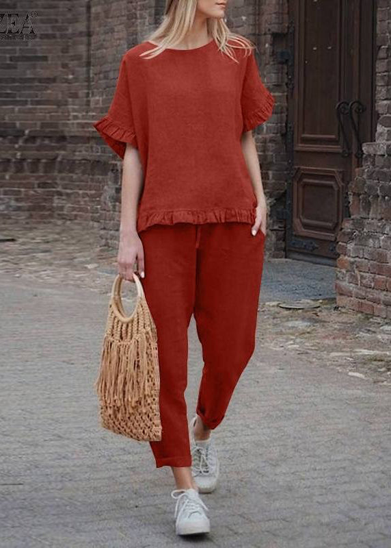 Pants Two Patchwork Set And Pieces Casual Crop Top Ruffled Khaki FashionChic