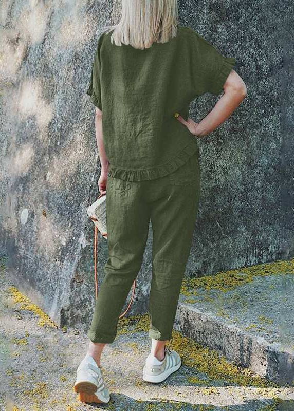 Pants Two Patchwork Set And Pieces Casual Crop Top Ruffled Khaki FashionChic