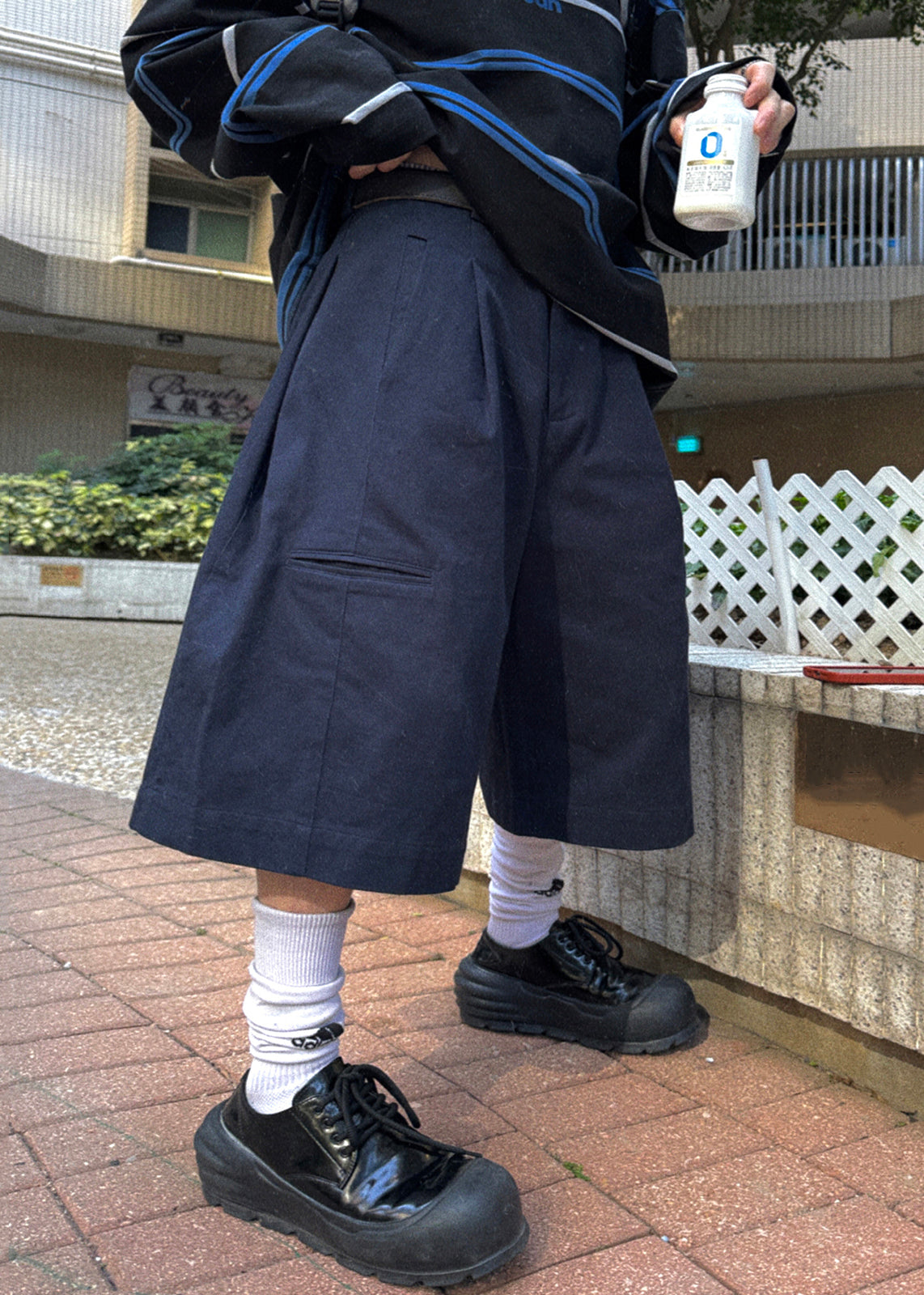 Summer Crop Pockets Casual Navy Waist Pants High Cotton Men FashionChic