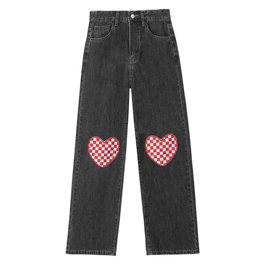 Checker Heart Wide Jeans Boogzel Clothing