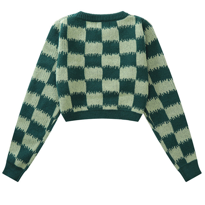 Checkered Fuzzy Crop Sweater Boogzel Clothing