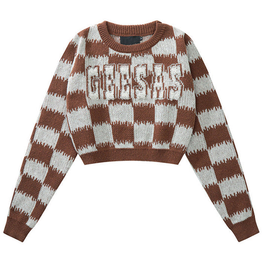 Checkered Fuzzy Crop Sweater Boogzel Clothing