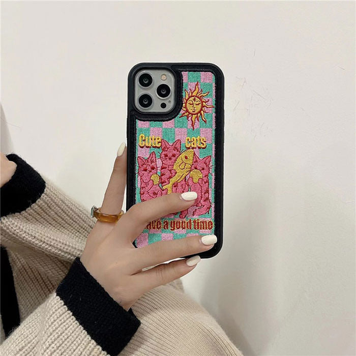 Y2K Cats Embroidery iPhone Case Boogzel Clothing