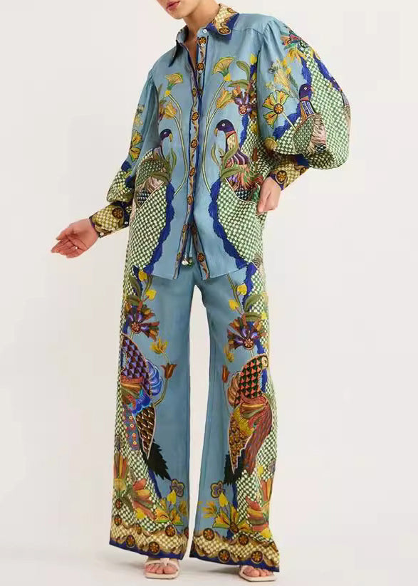 Pieces Leg Wide Green Shirts Fashion Pants Fall Collar And Two Pan Set Print Peter FashionChic