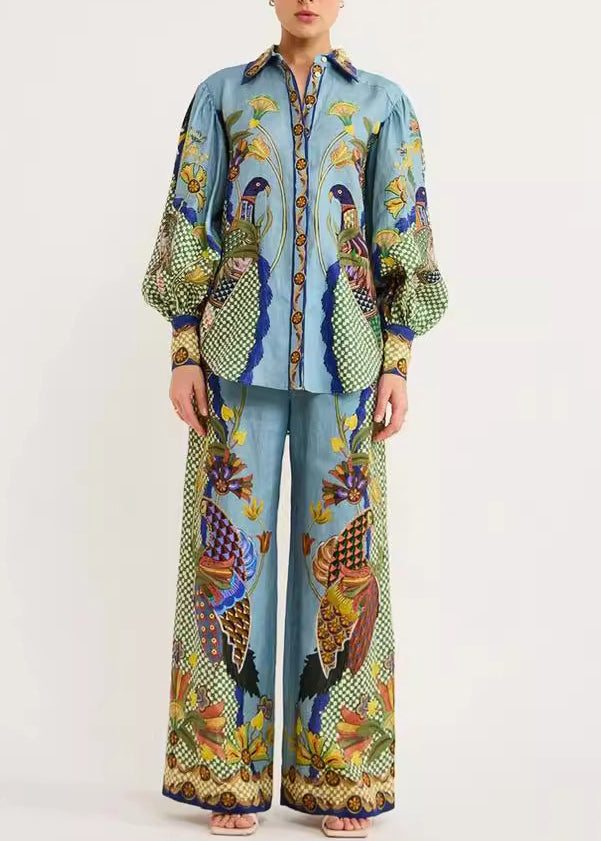 Pieces Leg Wide Green Shirts Fashion Pants Fall Collar And Two Pan Set Print Peter FashionChic