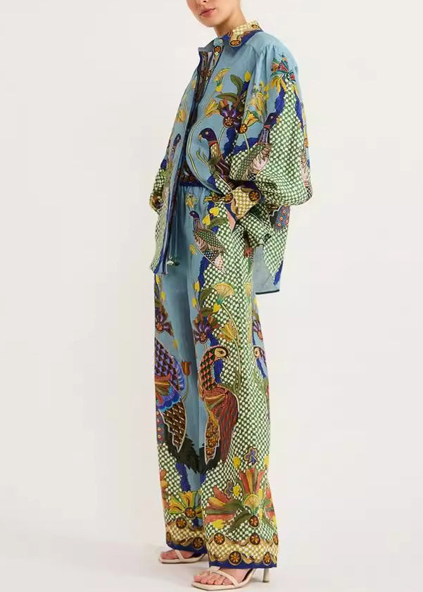 Pieces Leg Wide Green Shirts Fashion Pants Fall Collar And Two Pan Set Print Peter FashionChic