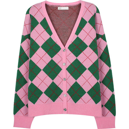 Green Pink Argyle Pattern Cardigan Boogzel Clothing