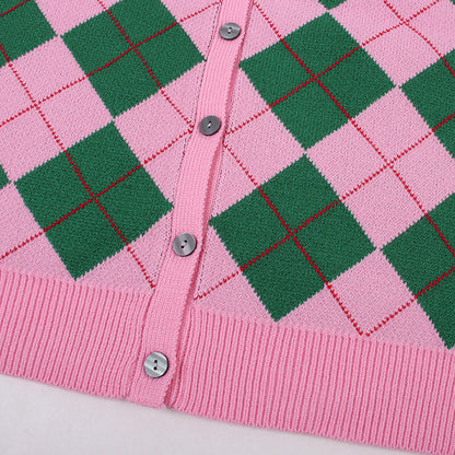 Green Pink Argyle Pattern Cardigan Boogzel Clothing