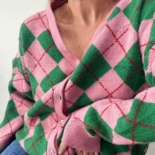 Green Pink Argyle Pattern Cardigan Boogzel Clothing