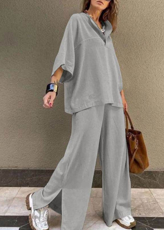 Side Wide T Pieces Pants Set Two And Grey Shirts Leg Open FashionChic