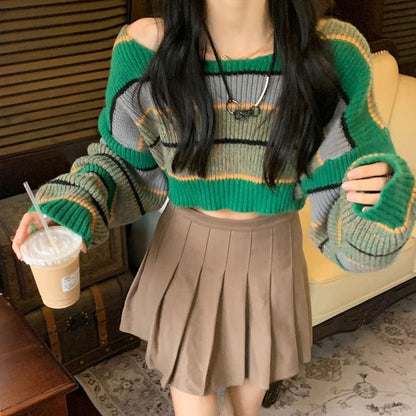 Green Striped Crop Sweater Boogzel Clothing