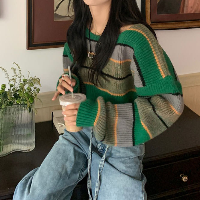 Green Striped Crop Sweater Boogzel Clothing