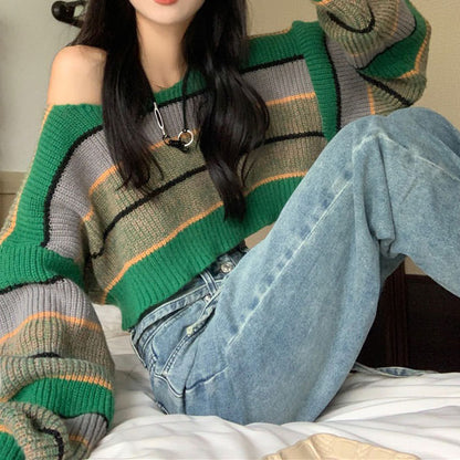 Green Stripe Crop Sweater SpreePicky