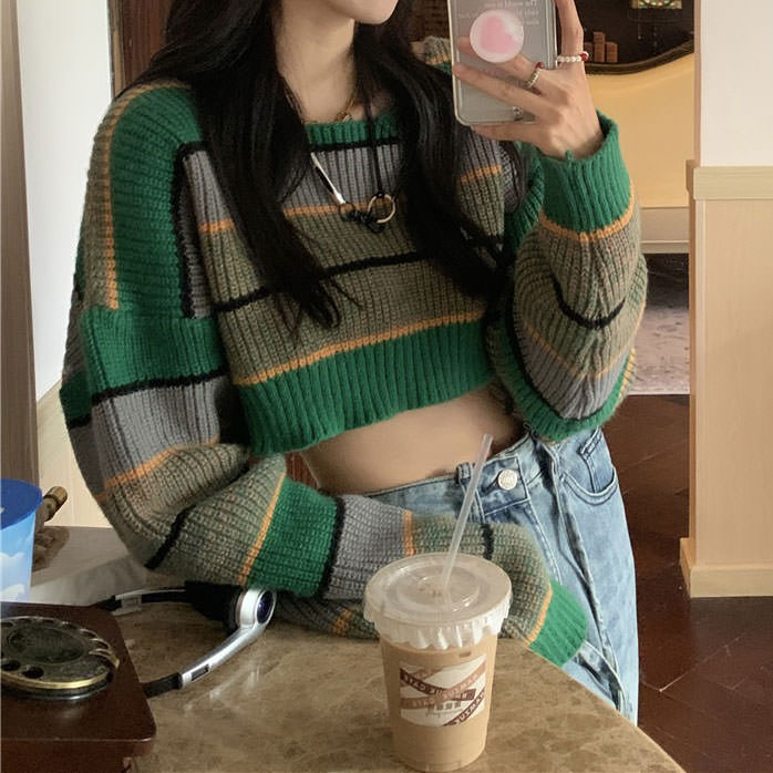 Green Striped Crop Sweater Boogzel Clothing