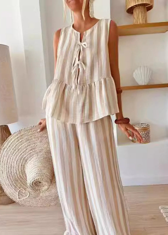 Leg Top Set Pieces And Summer Two Wide O-Neck Camel Striped Handmade Pants FashionChic