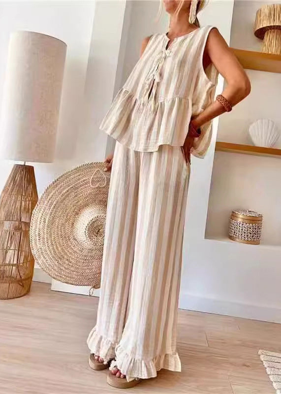 Leg Top Set Pieces And Summer Two Wide O-Neck Camel Striped Handmade Pants FashionChic