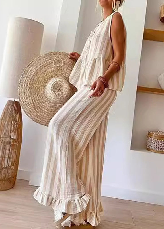 Leg Top Set Pieces And Summer Two Wide O-Neck Camel Striped Handmade Pants FashionChic