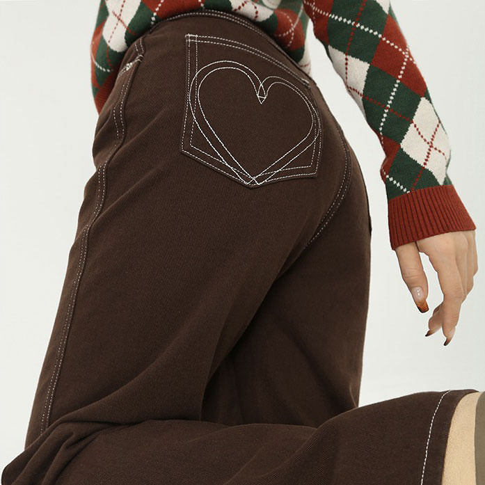 Heart Embroidery Brown Wide Jeans SpreePicky