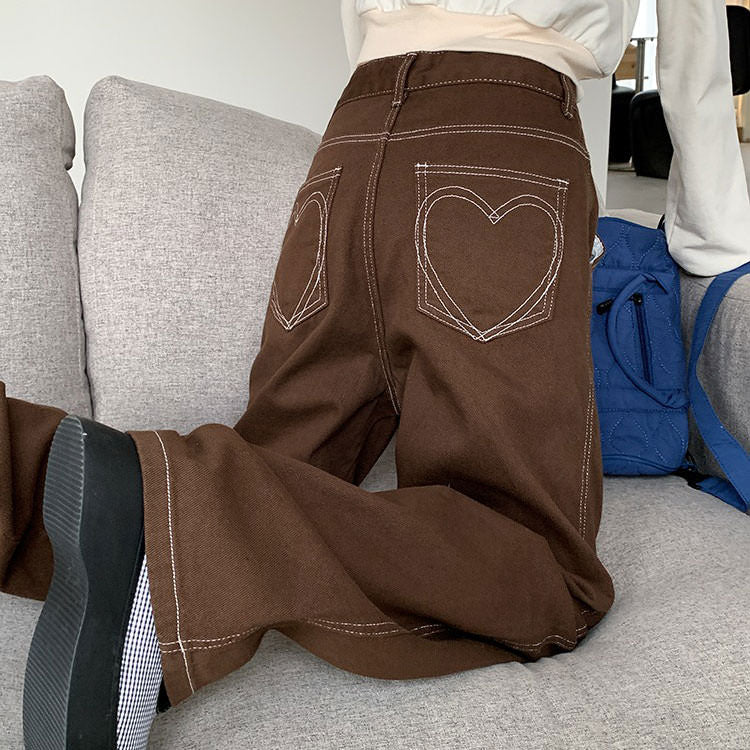 Heart Embroidery Brown Wide Jeans SpreePicky