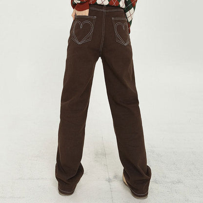 Heart Embroidery Brown Wide Jeans SpreePicky