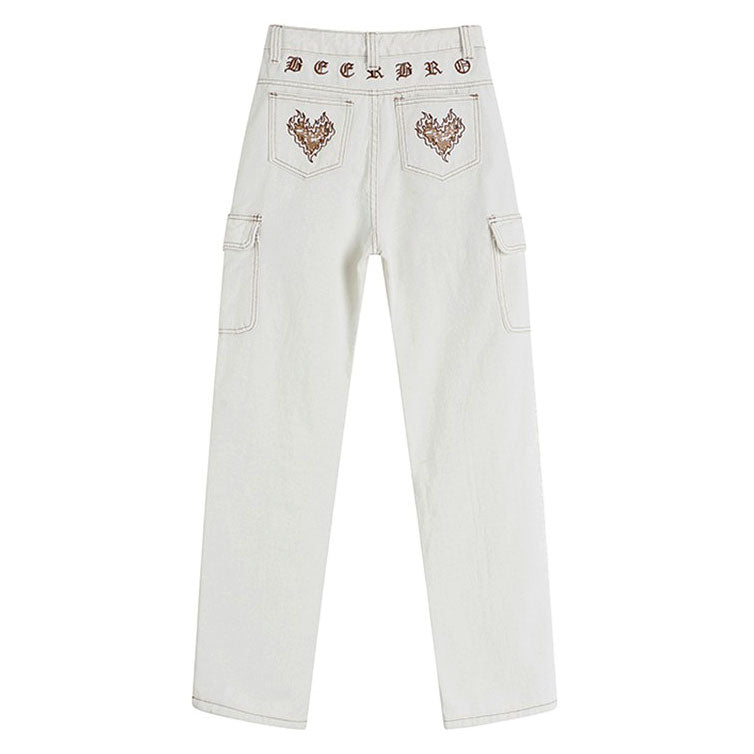 Heart Embroidery Cargo Jeans SpreePicky