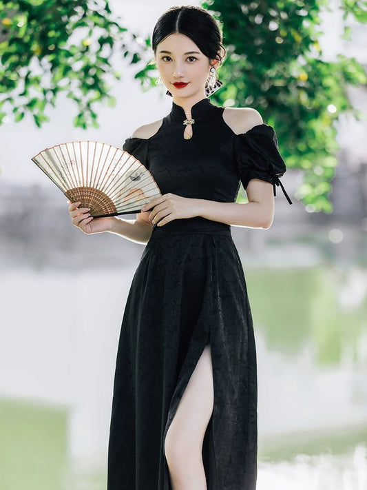 Chic Textured Puffy Sleeve Cheongsam Hanfu Story