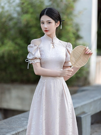 Chic Textured Puffy Sleeve Cheongsam Hanfu Story