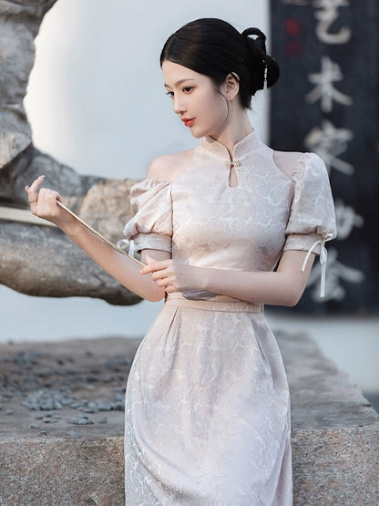 Chic Textured Puffy Sleeve Cheongsam Hanfu Story