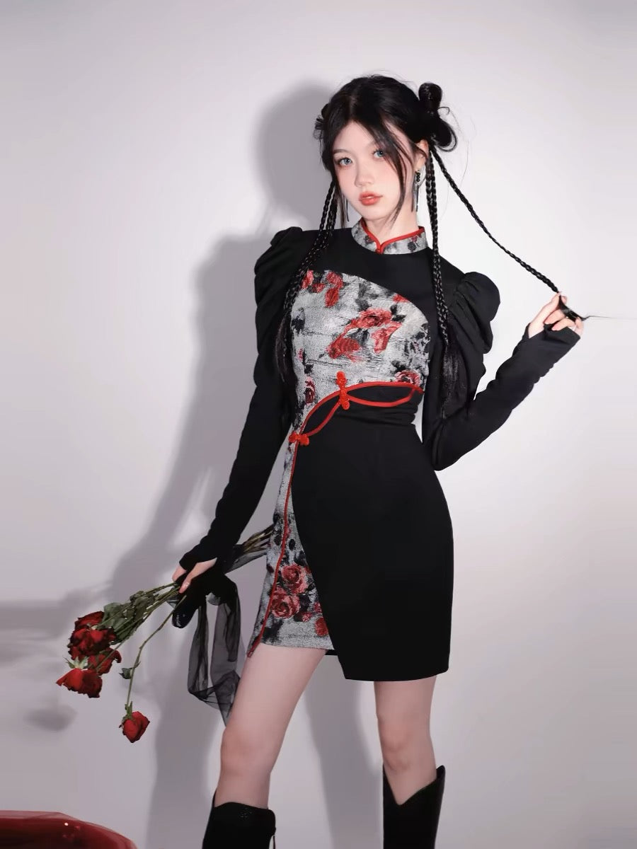 Red Flowers Puff Sleeve Short Cheongsam Hanfu Story