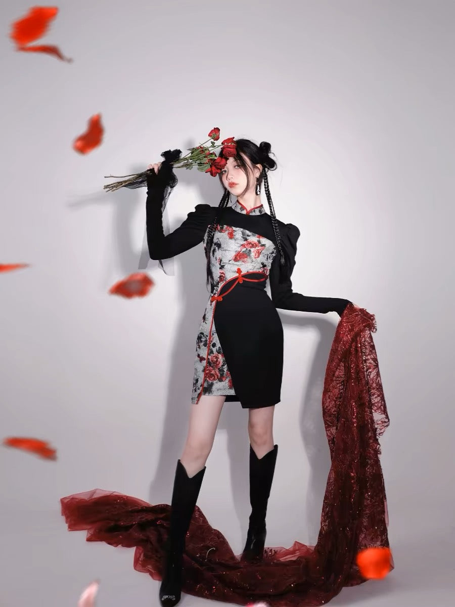 Red Flowers Puff Sleeve Short Cheongsam Hanfu Story