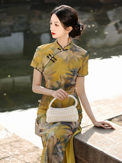 Sunflower Short Sleeve Long Cheongsam Hanfu Story