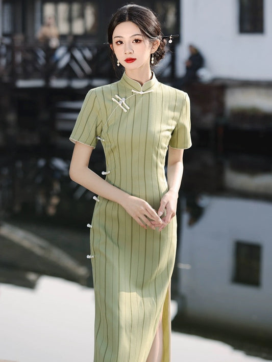 Stripe Short Sleeve Long Cheongsam Hanfu Story