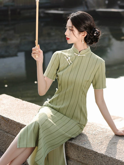 Stripe Short Sleeve Long Cheongsam Hanfu Story