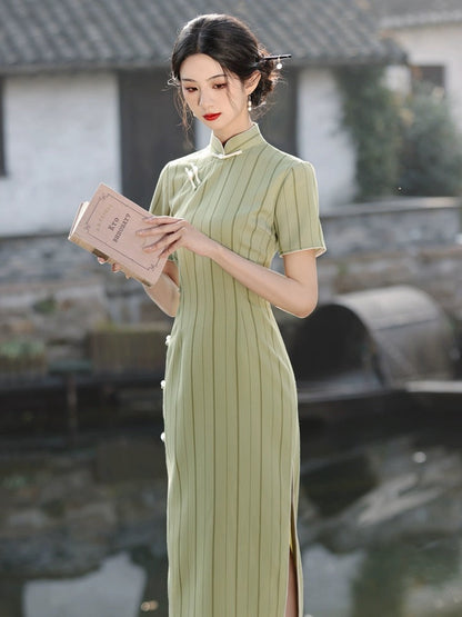 Stripe Short Sleeve Long Cheongsam Hanfu Story