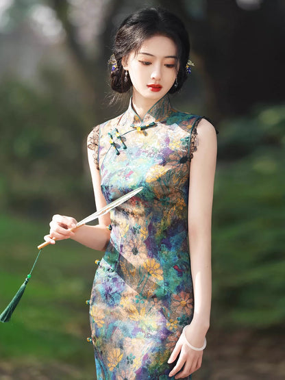 Retro Floral Sleeveless Long Cheongsam Hanfu Story