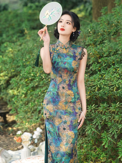 Retro Floral Sleeveless Long Cheongsam Hanfu Story