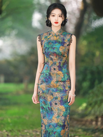 Retro Floral Sleeveless Long Cheongsam Hanfu Story