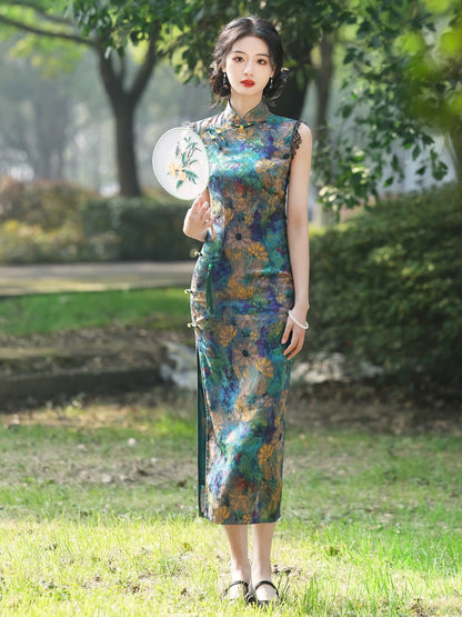 Retro Floral Sleeveless Long Cheongsam Hanfu Story