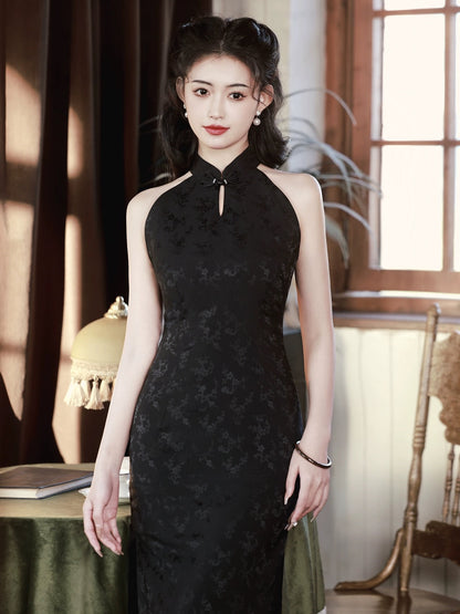 Classic Black Sleeveless Long Cheongsam Hanfu Story