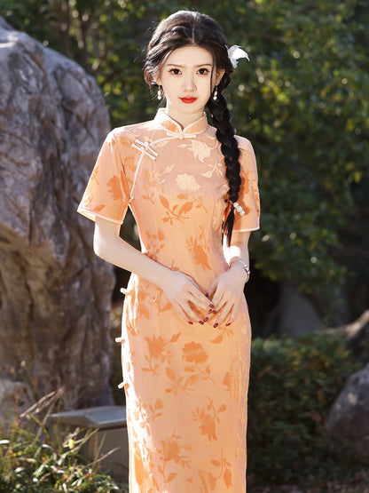 Orange Floral Sleeveless Long Cheongsam Hanfu Story