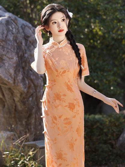 Orange Floral Sleeveless Long Cheongsam Hanfu Story