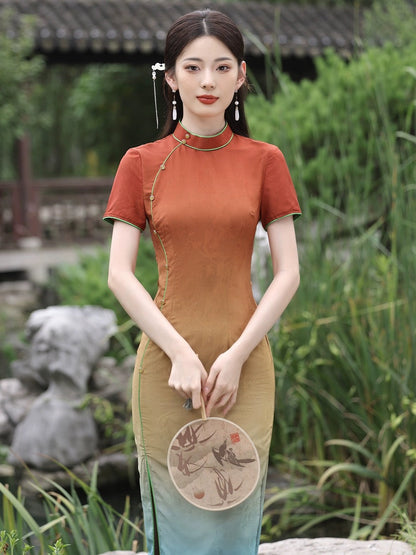 Rainbow Bridge Short Sleeve Long Cheongsam Hanfu Story