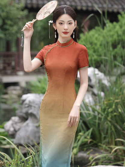 Rainbow Bridge Short Sleeve Long Cheongsam Hanfu Story